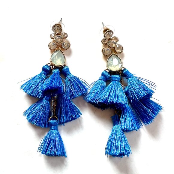 Gorgeous Vibrant Multi Tiered Drop Blue Tassel Earrings with Crystal Rhinestone - Picture 2 of 9